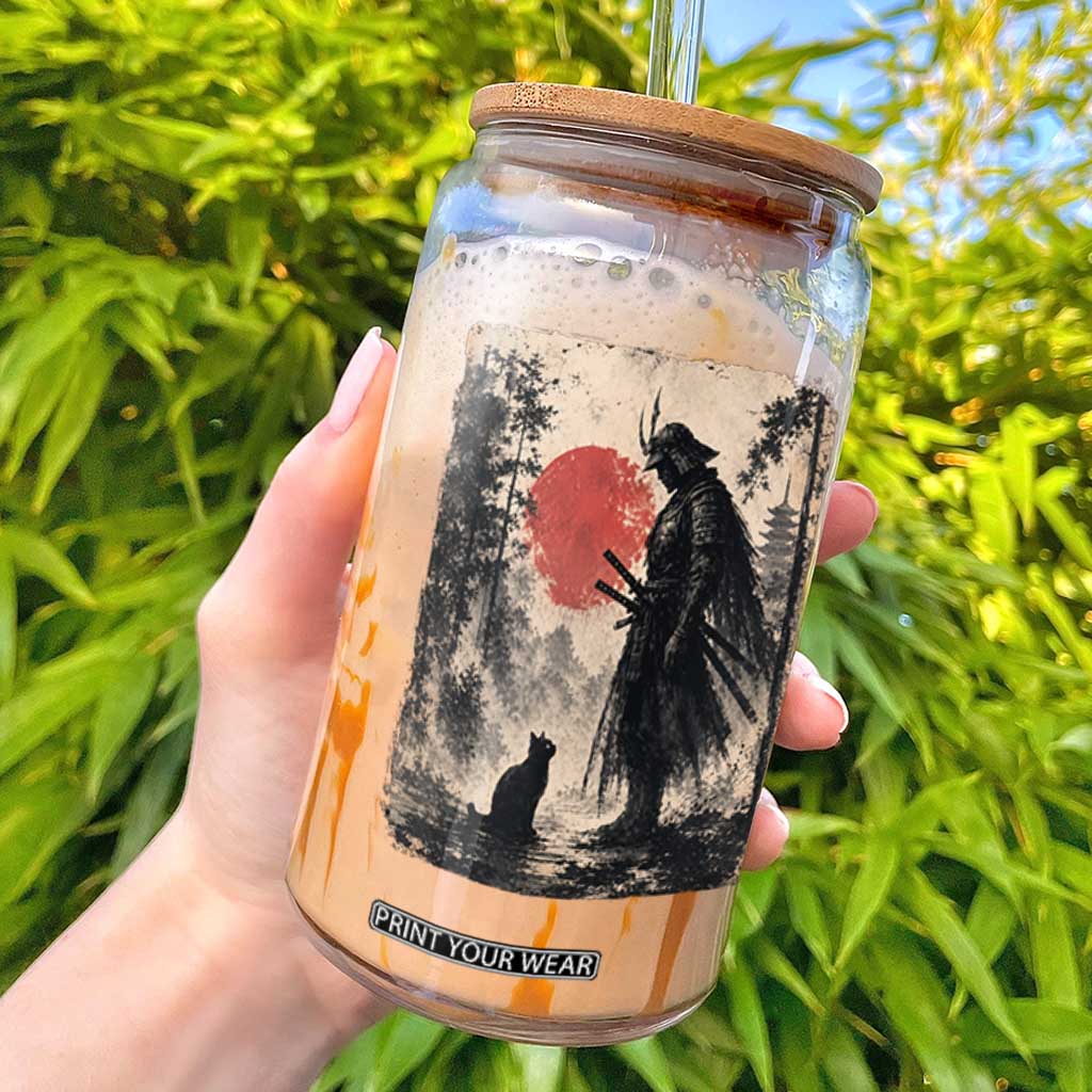 Vintage Japanese Samurai Warrior and Black Cat Glass Can TS10 Black Print Your Wear