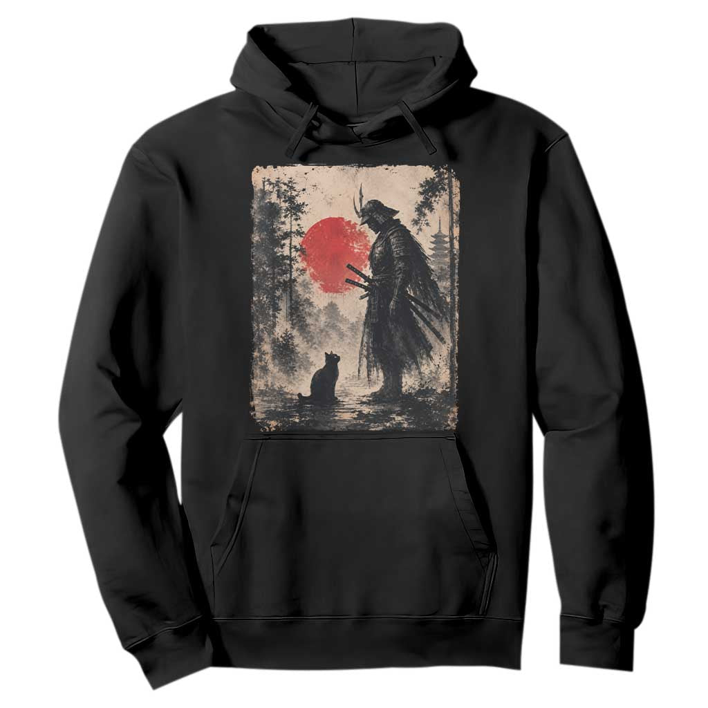 Vintage Japanese Samurai Warrior and Black Cat Hoodie TS10 Black Print Your Wear