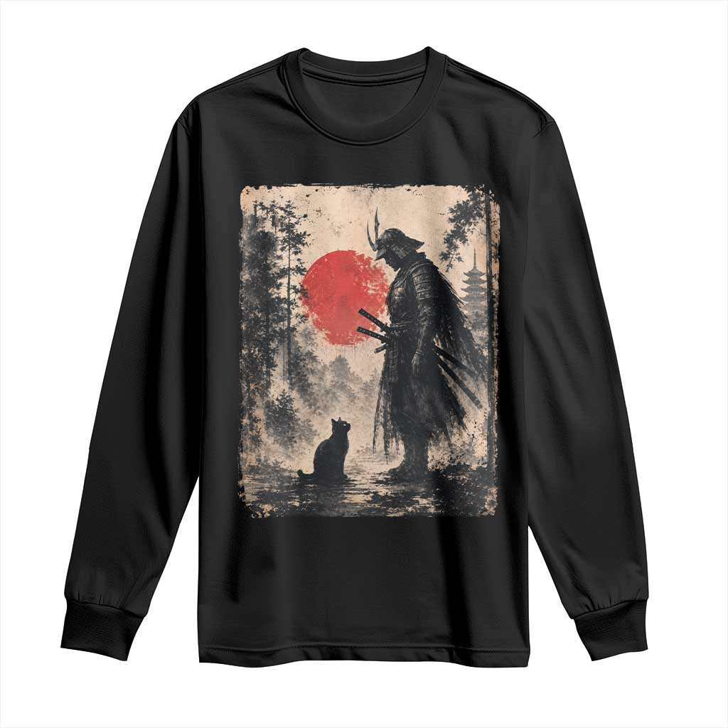 Vintage Japanese Samurai Warrior and Black Cat Long Sleeve Shirt TS10 Black Print Your Wear
