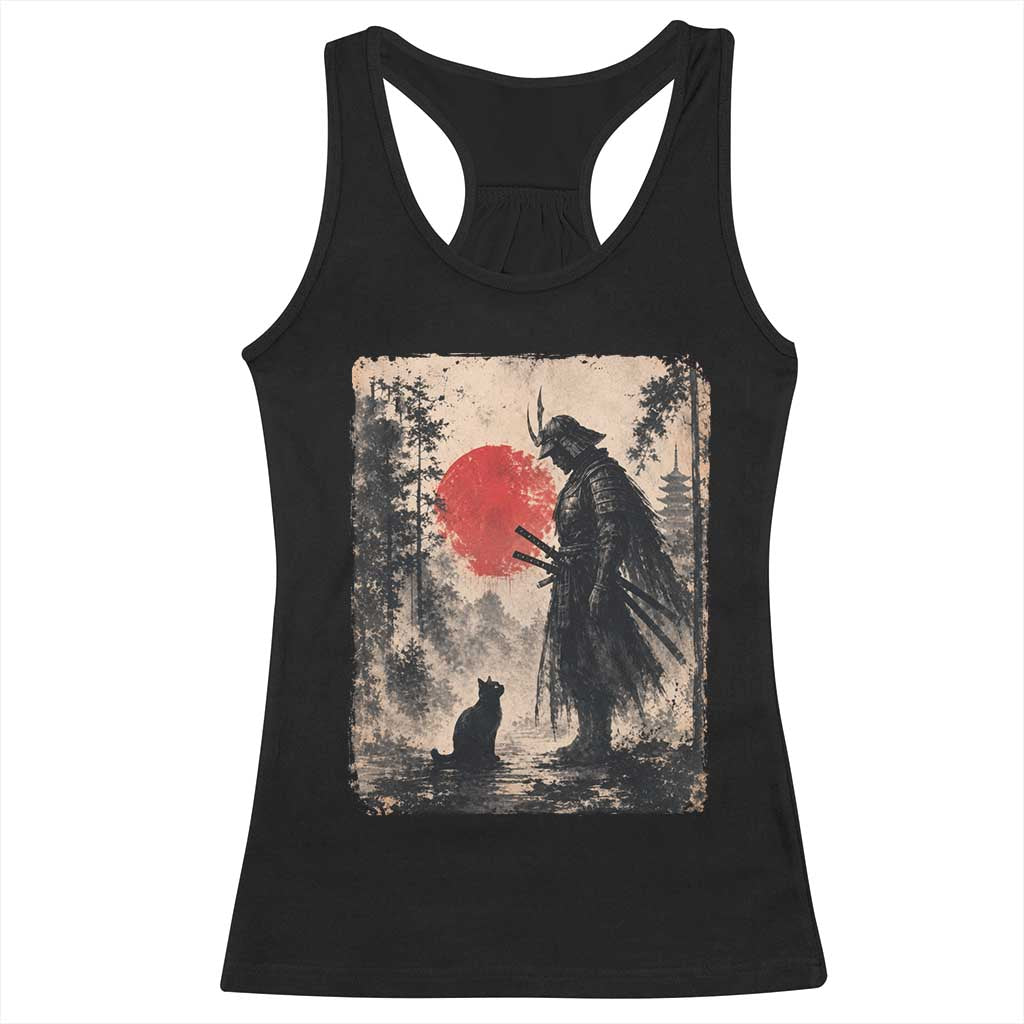 Vintage Japanese Samurai Warrior and Black Cat Racerback Tank Top TS10 Black Print Your Wear
