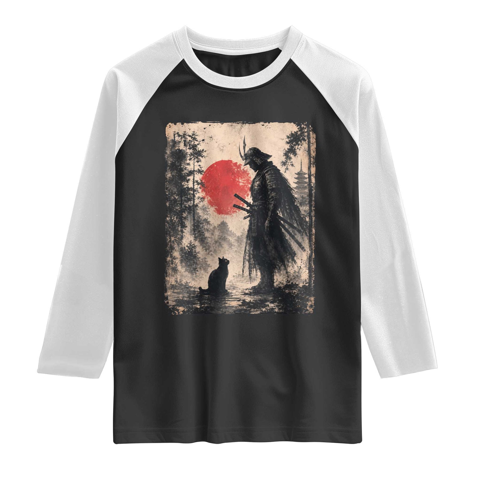 Vintage Japanese Samurai Warrior and Black Cat Raglan Shirt TS10 Black White Print Your Wear