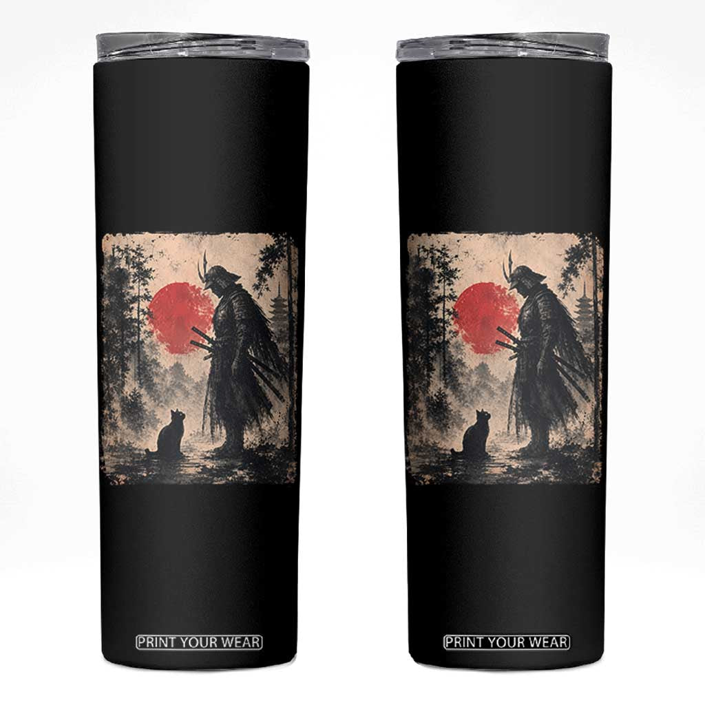 Vintage Japanese Samurai Warrior and Black Cat Skinny Tumbler TS10 Black Print Your Wear
