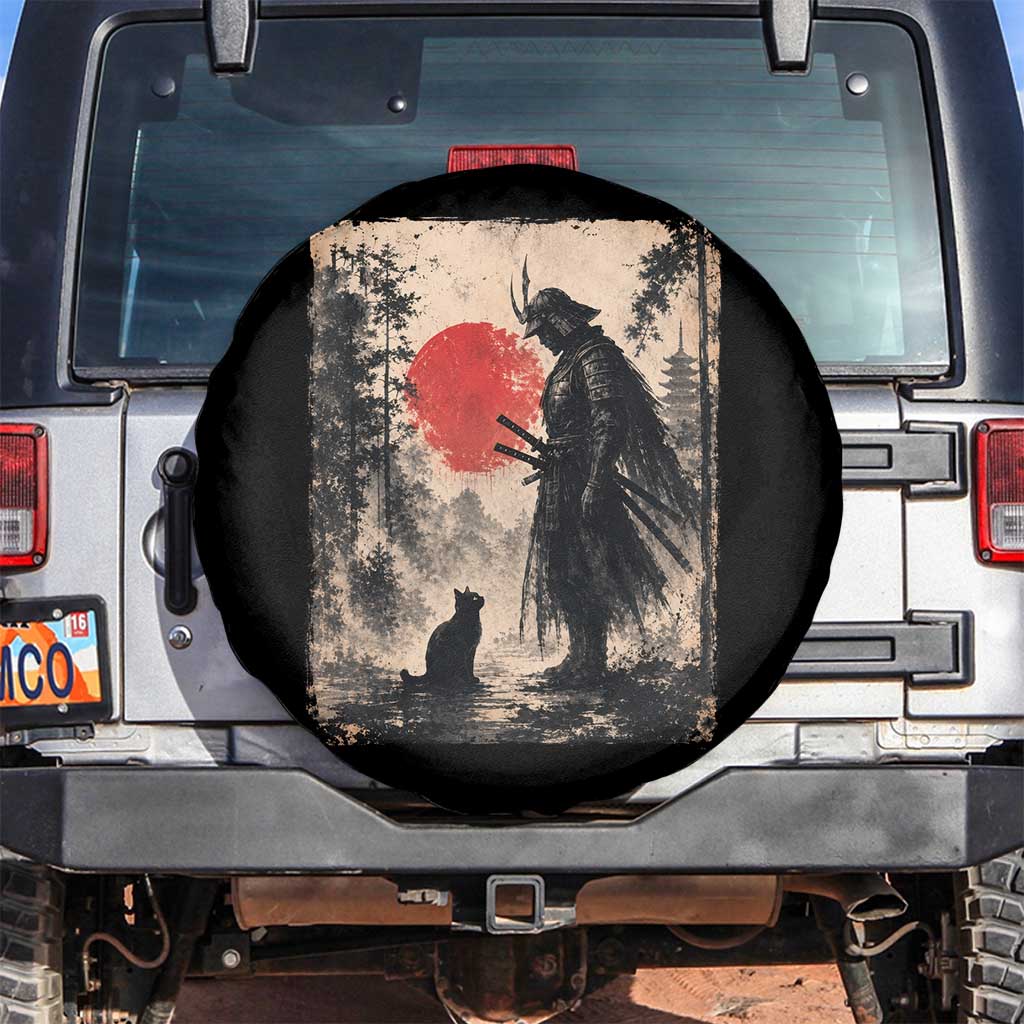 Vintage Japanese Samurai Warrior and Black Cat Spare Tire Cover TS10 No hole Black Print Your Wear