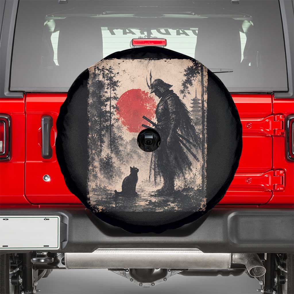 Vintage Japanese Samurai Warrior and Black Cat Spare Tire Cover TS10 Black Print Your Wear