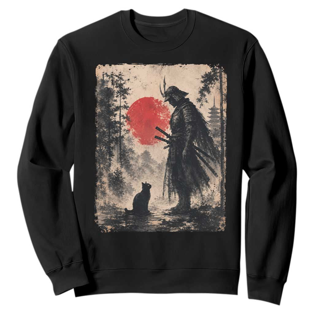 Vintage Japanese Samurai Warrior and Black Cat Sweatshirt TS10 Black Print Your Wear
