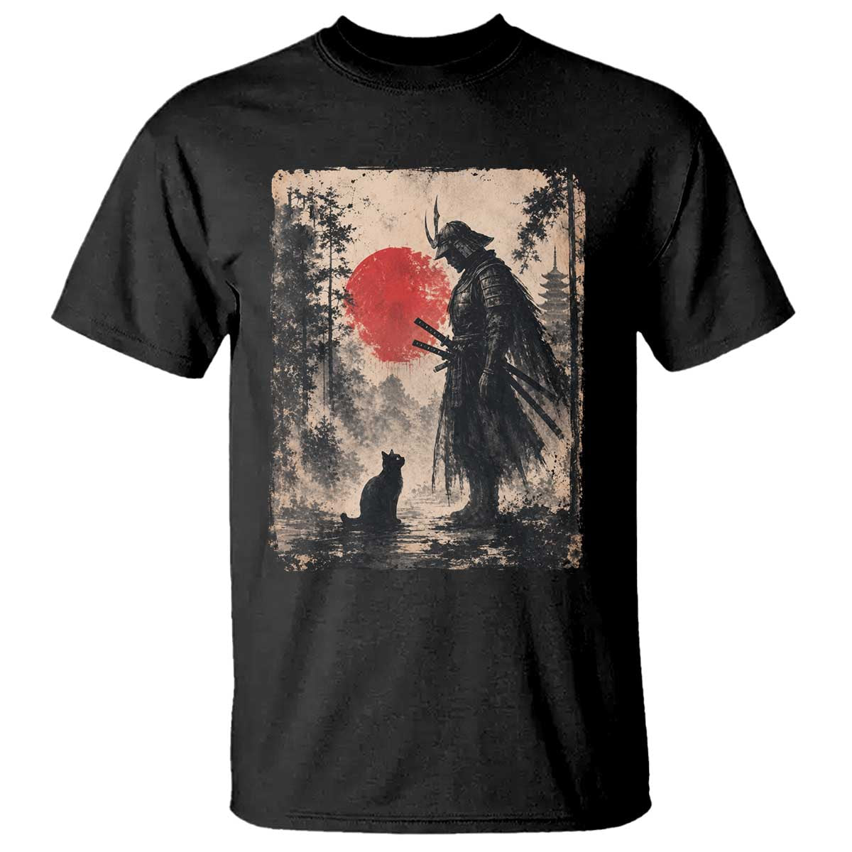Vintage Japanese Samurai Warrior and Black Cat T Shirt TS10 Black Print Your Wear