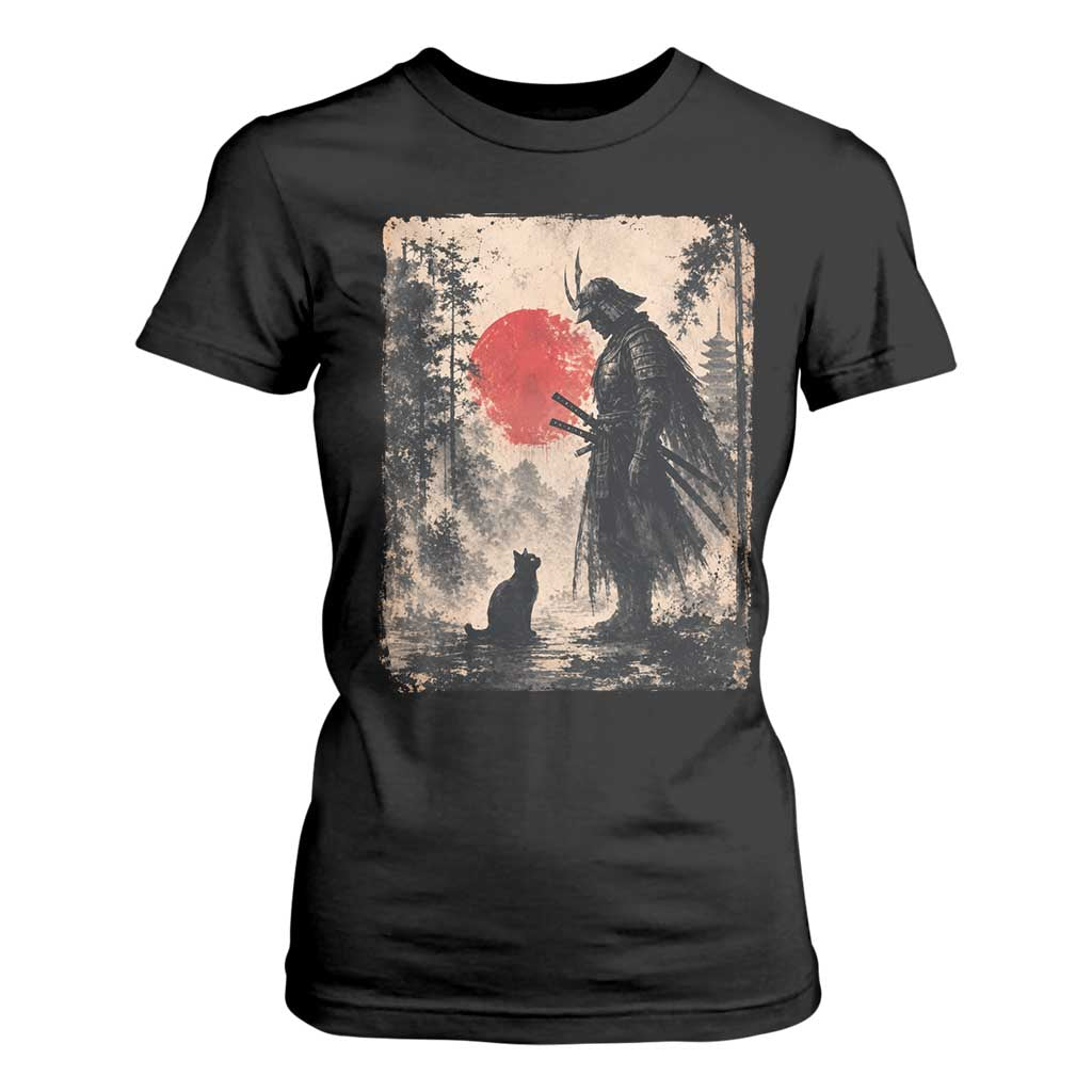 Vintage Japanese Samurai Warrior and Black Cat T Shirt For Women TS10 Black Print Your Wear