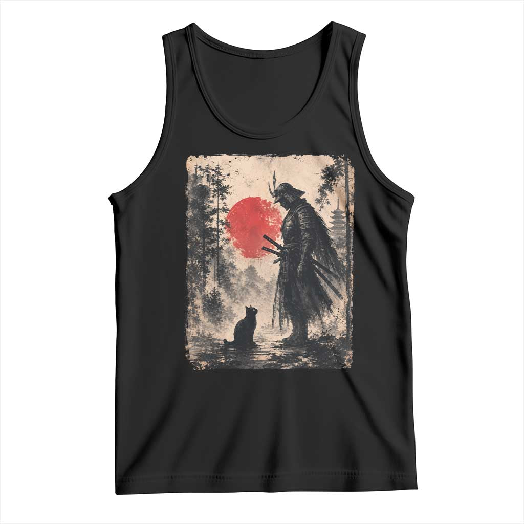 Vintage Japanese Samurai Warrior and Black Cat Tank Top TS10 Black Print Your Wear