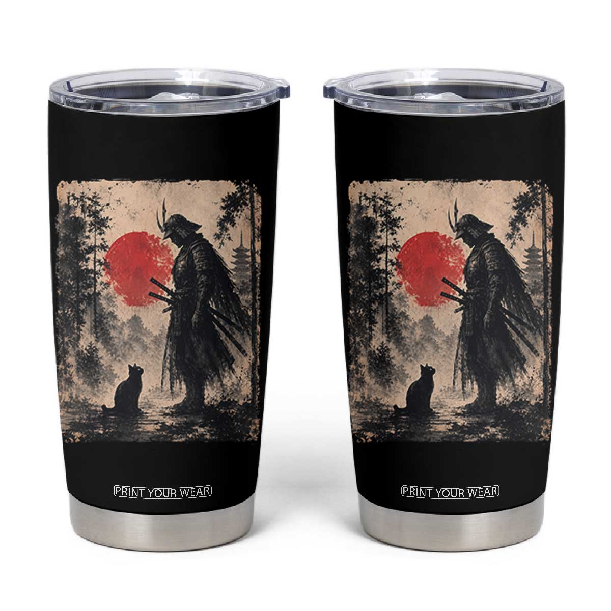 Vintage Japanese Samurai Warrior and Black Cat Tumbler Cup TS10 Black Print Your Wear