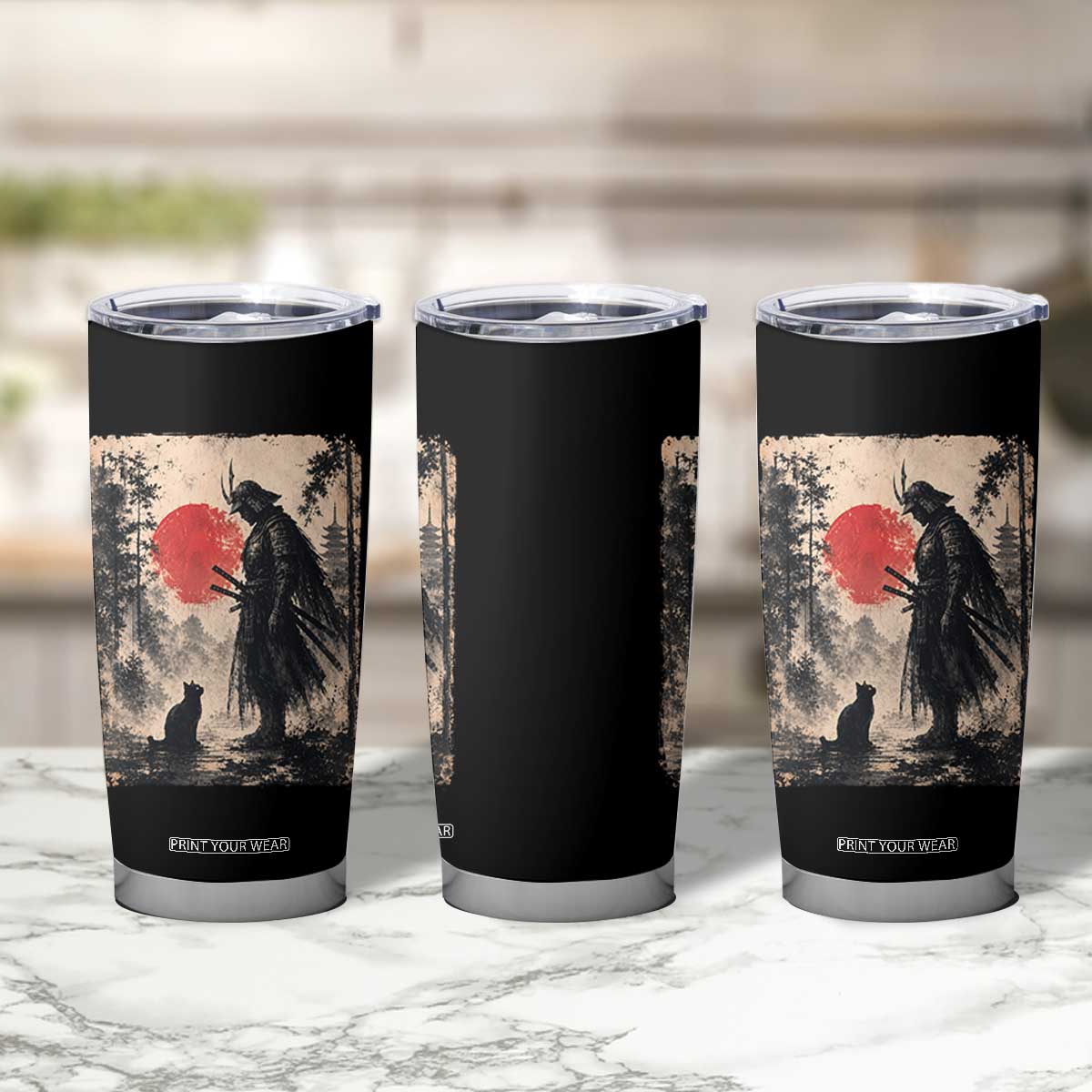 Vintage Japanese Samurai Warrior and Black Cat Tumbler Cup TS10 Print Your Wear