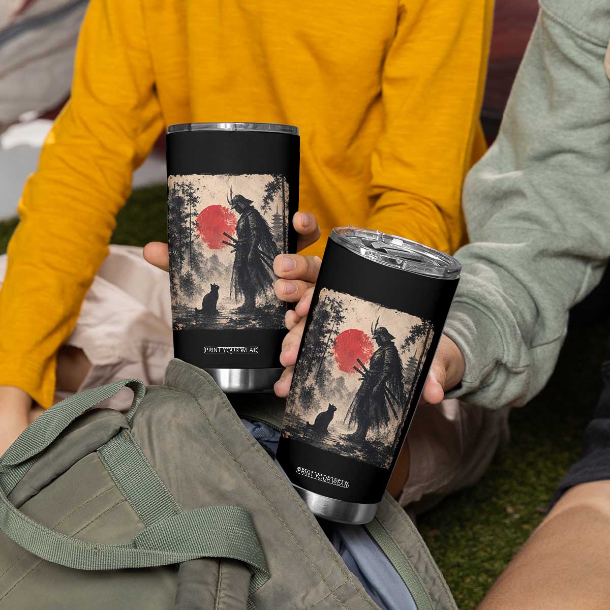 Vintage Japanese Samurai Warrior and Black Cat Tumbler Cup TS10 Print Your Wear