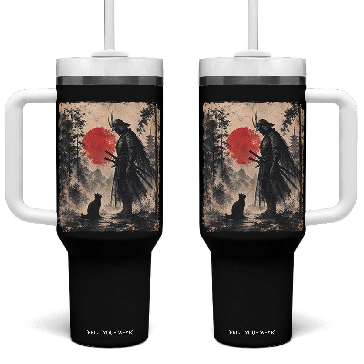 Vintage Japanese Samurai Warrior and Black Cat Tumbler With Handle TS10 One Size: 40 oz Black Print Your Wear