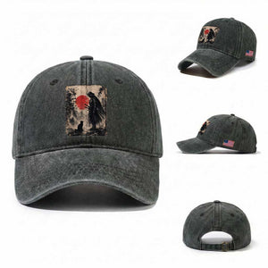 Vintage Japanese Samurai Warrior and Black Cat Washed Cotton Baseball Cap TS10 Washed Cap Universal Fit Dark Green Print Your Wear