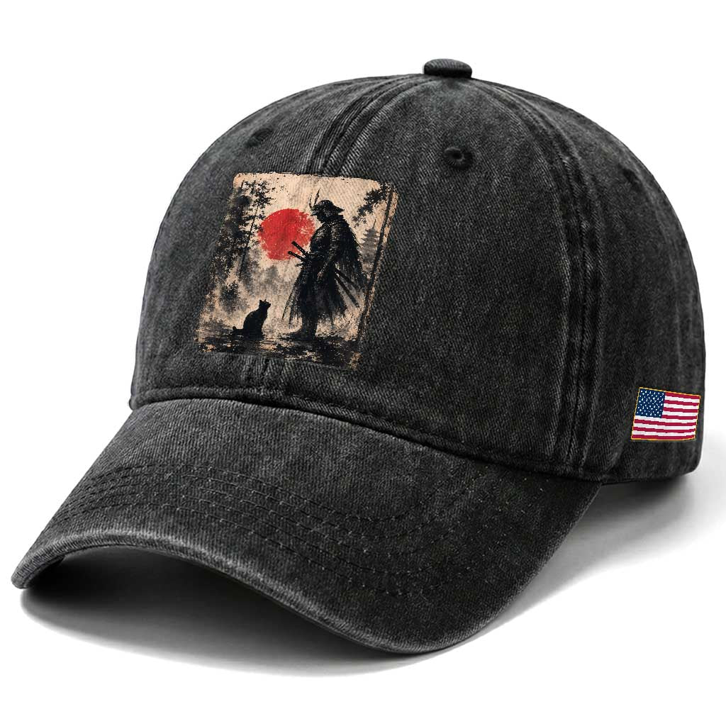 Vintage Japanese Samurai Warrior and Black Cat Washed Cotton Baseball Cap TS10 Print Your Wear