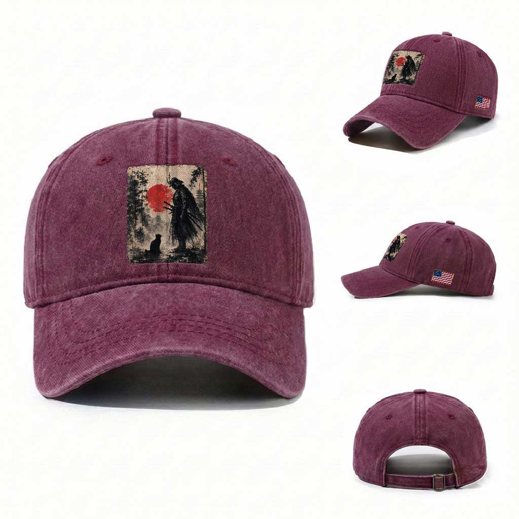 Vintage Japanese Samurai Warrior and Black Cat Washed Cotton Baseball Cap TS10 Washed Cap Universal Fit Burgundy Print Your Wear