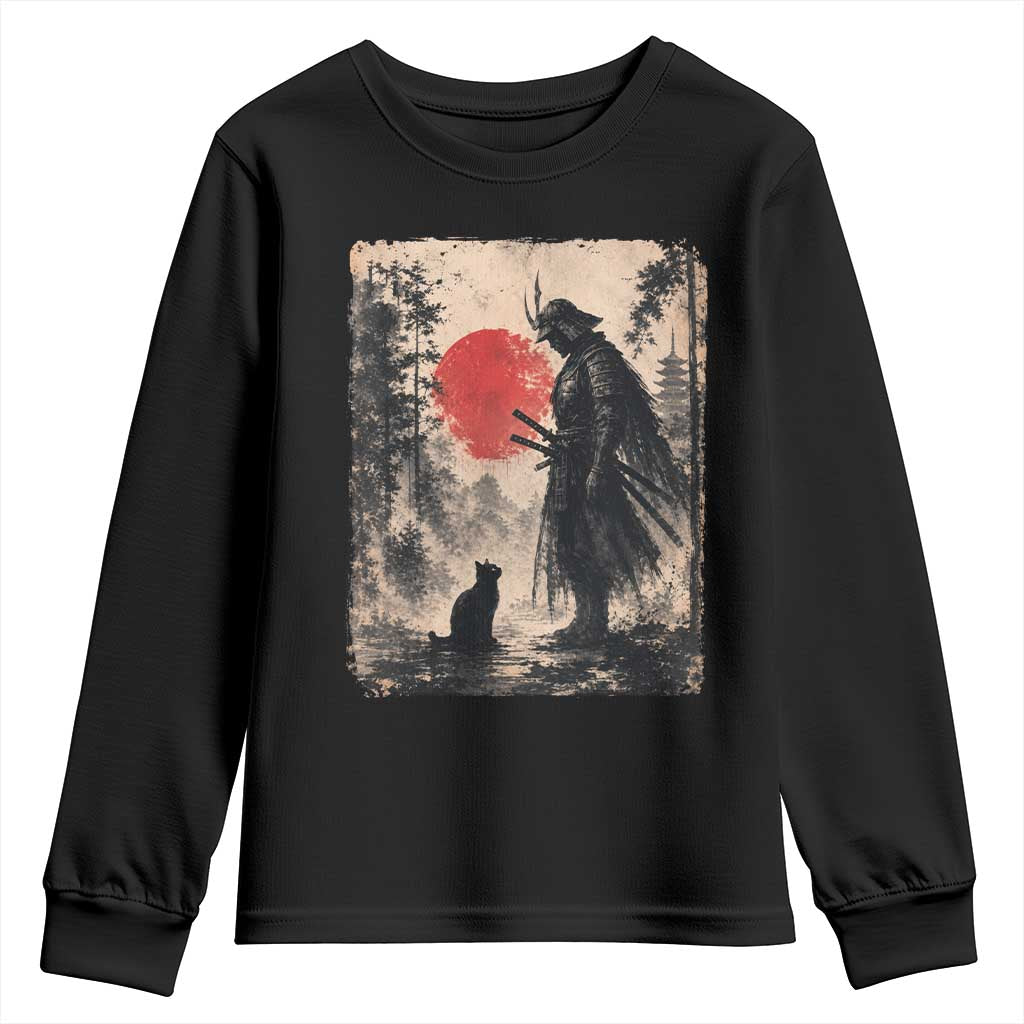 Vintage Japanese Samurai Warrior and Black Cat Youth Sweatshirt TS10 Black Print Your Wear