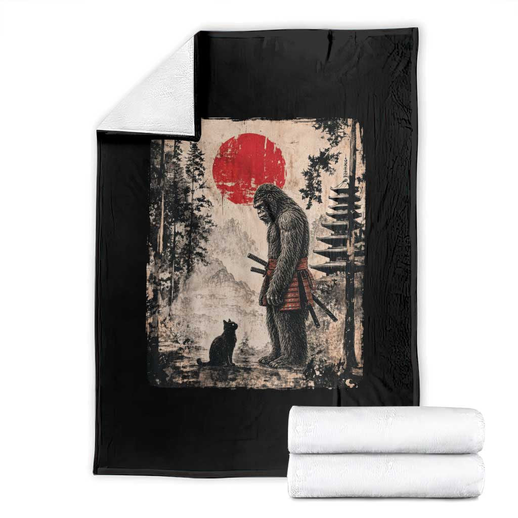 Vintage Japanese Art Bigfoot Samurai Warrior and Black Cat Throw Blanket Sasquatch Lovers Vintage Graphic Ukiyo-e Art TS10 Black Print Your Wear