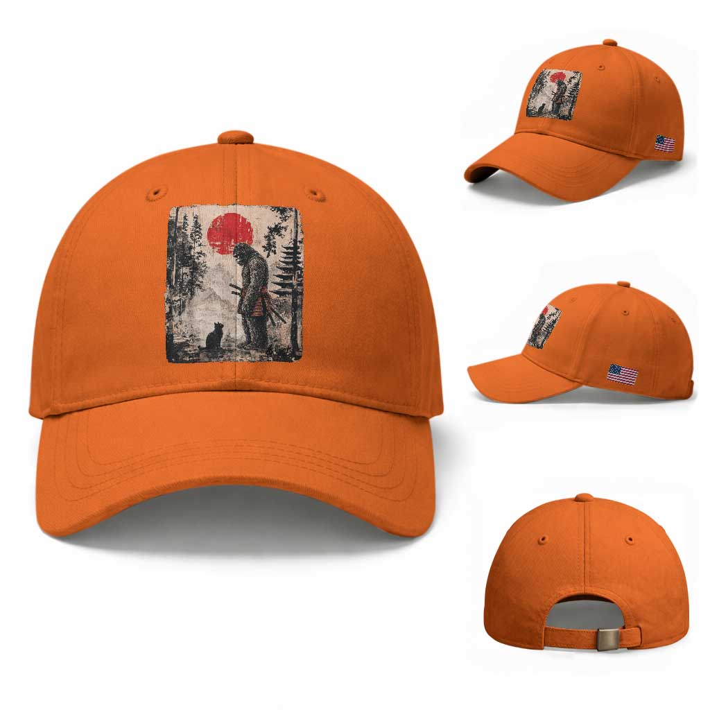 Vintage Japanese Art Bigfoot Samurai Warrior and Black Cat Baseball Cap Sasquatch Lovers Vintage Graphic Ukiyo-e Art TS10 Baseball Cap Universal Fit Orange Print Your Wear