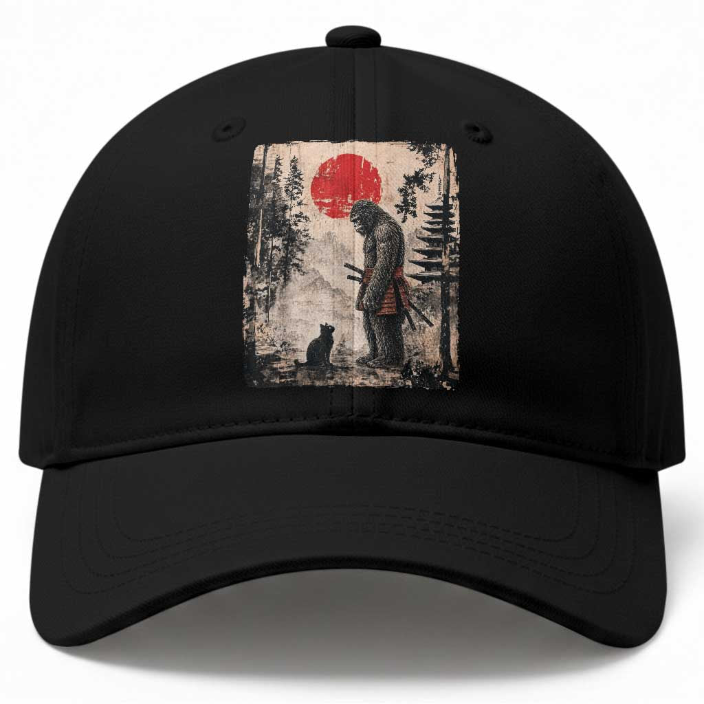 Vintage Japanese Art Bigfoot Samurai Warrior and Black Cat Baseball Cap Sasquatch Lovers Vintage Graphic Ukiyo-e Art TS10 Print Your Wear