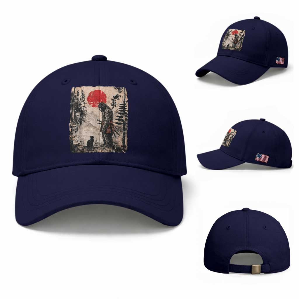 Vintage Japanese Art Bigfoot Samurai Warrior and Black Cat Baseball Cap Sasquatch Lovers Vintage Graphic Ukiyo-e Art TS10 Baseball Cap Universal Fit Dark Blue Print Your Wear