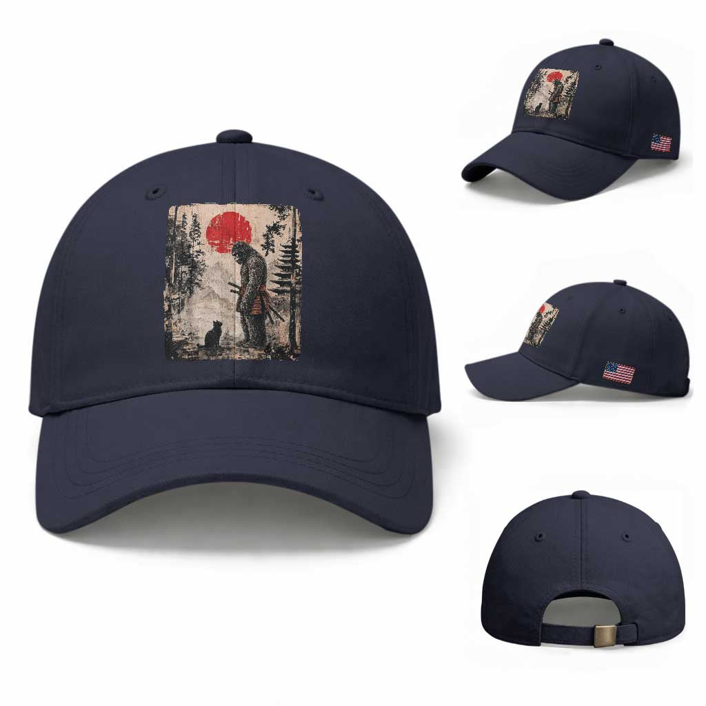 Vintage Japanese Art Bigfoot Samurai Warrior and Black Cat Baseball Cap Sasquatch Lovers Vintage Graphic Ukiyo-e Art TS10 Baseball Cap Universal Fit Navy Print Your Wear