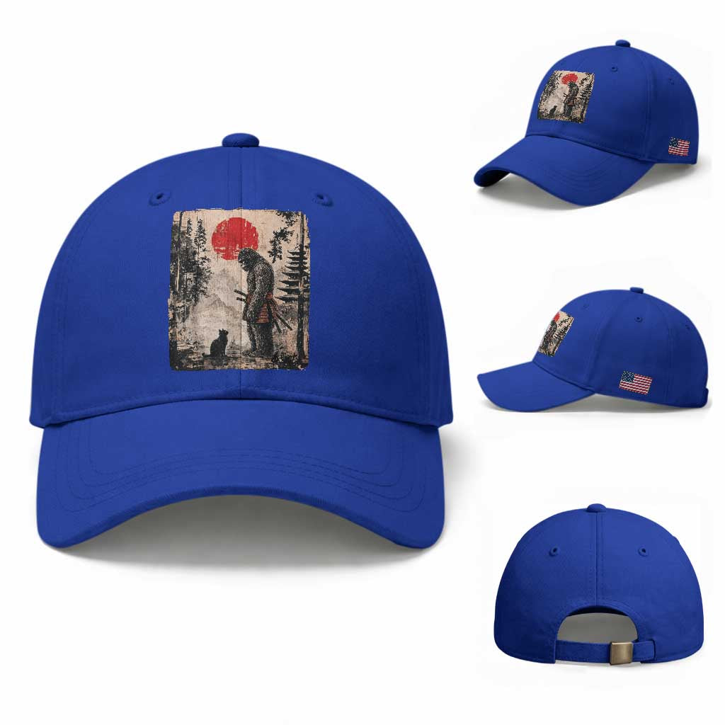 Vintage Japanese Art Bigfoot Samurai Warrior and Black Cat Baseball Cap Sasquatch Lovers Vintage Graphic Ukiyo-e Art TS10 Baseball Cap Universal Fit Royal Blue Print Your Wear