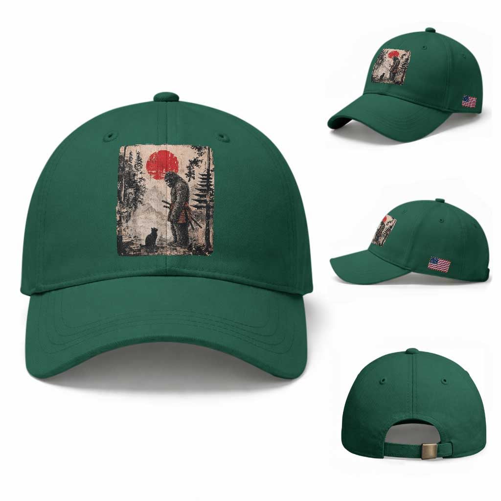 Vintage Japanese Art Bigfoot Samurai Warrior and Black Cat Baseball Cap Sasquatch Lovers Vintage Graphic Ukiyo-e Art TS10 Baseball Cap Universal Fit Irish Green Print Your Wear