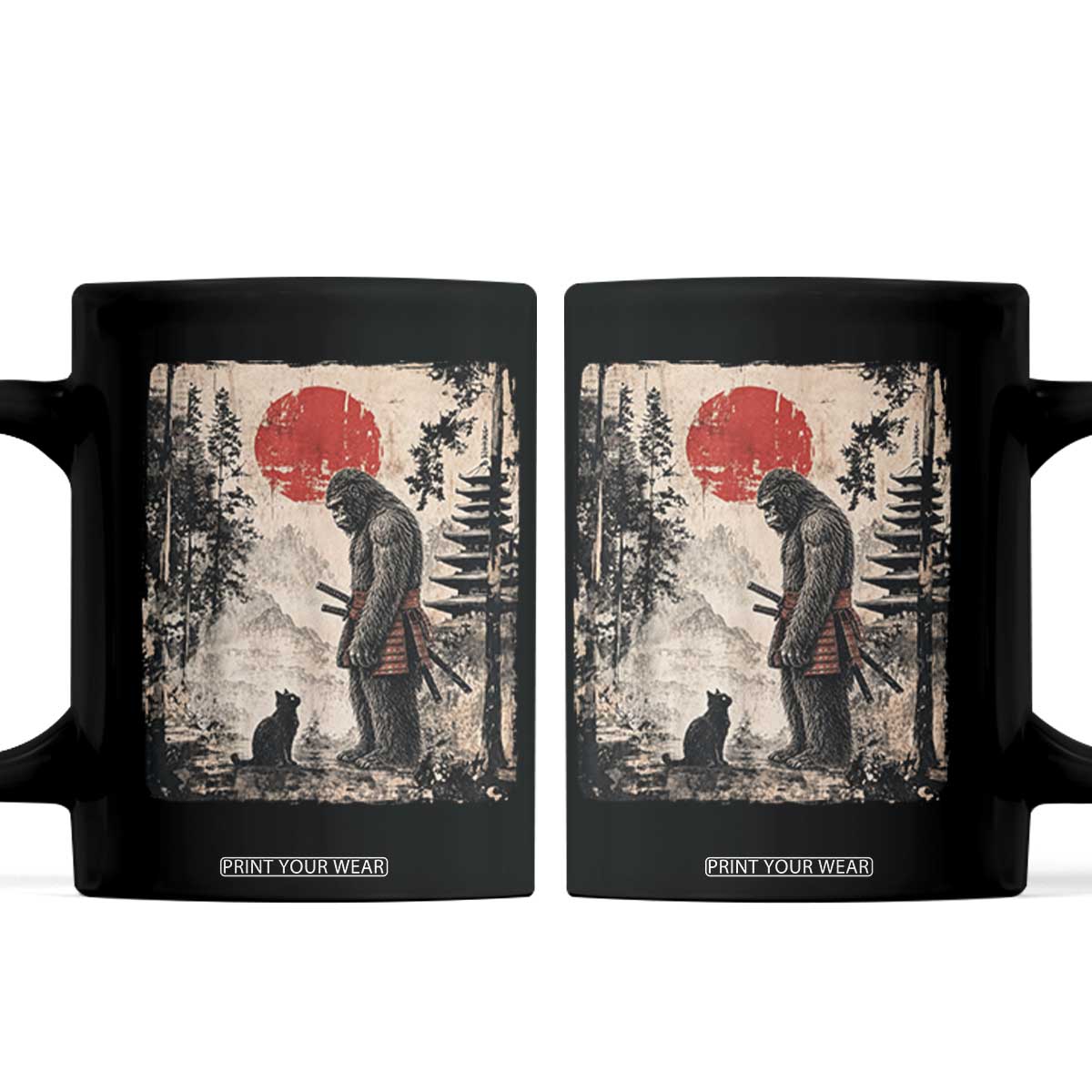 Vintage Japanese Art Bigfoot Samurai Warrior and Black Cat Coffee Mug Sasquatch Lovers Vintage Graphic Ukiyo-e Art TS10 Black Print Your Wear
