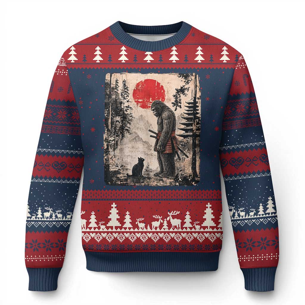 Vintage Japanese Art Bigfoot Samurai Warrior and Black Cat Ugly Christmas Sweater Sasquatch Lovers Vintage Graphic Ukiyo-e Art TS10 Navy Red Print Your Wear
