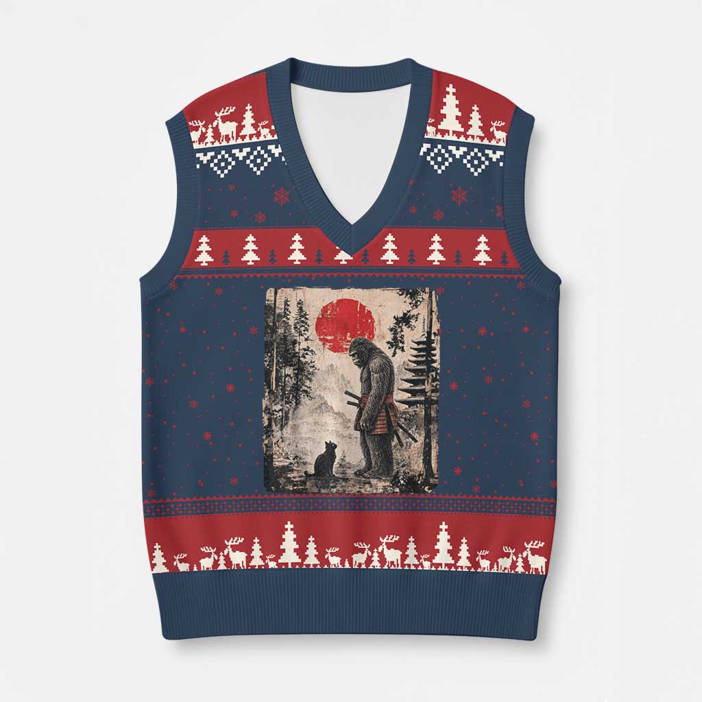 Vintage Japanese Art Bigfoot Samurai Warrior and Black Cat V-Neck Knit Sweater Vest Sasquatch Lovers Vintage Graphic Ukiyo-e Art TS10 Navy Red Print Your Wear