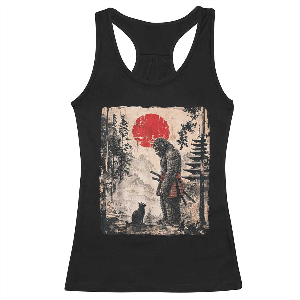 Vintage Japanese Art Bigfoot Samurai Warrior and Black Cat Racerback Tank Top Sasquatch Lovers Vintage Graphic Ukiyo-e Art TS10 Black Print Your Wear