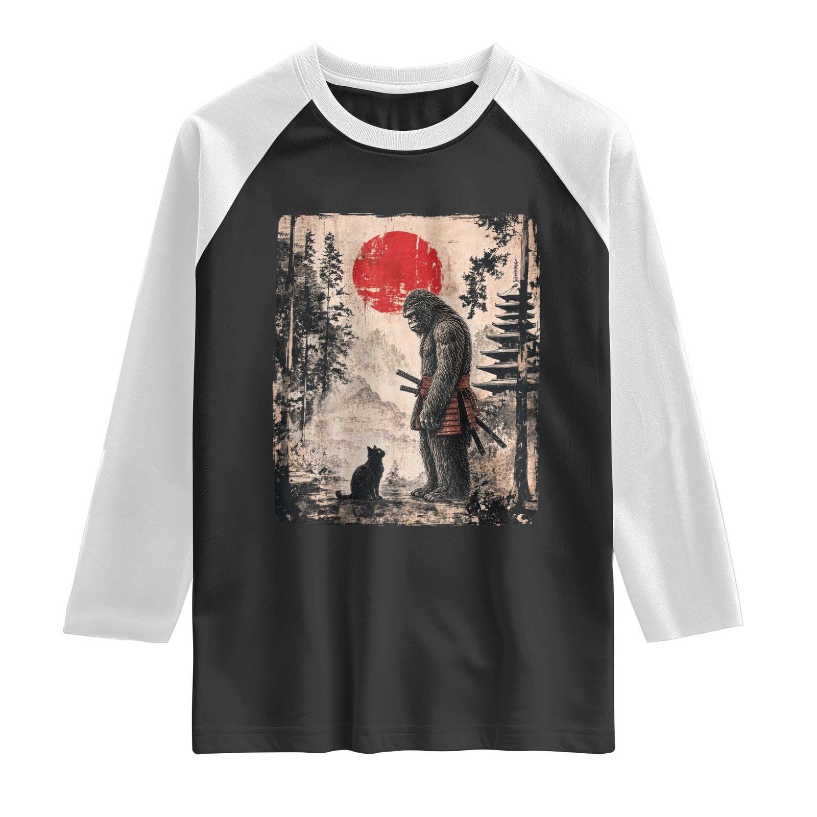 Vintage Japanese Art Bigfoot Samurai Warrior and Black Cat Raglan Shirt Sasquatch Lovers Vintage Graphic Ukiyo-e Art TS10 Black White Print Your Wear