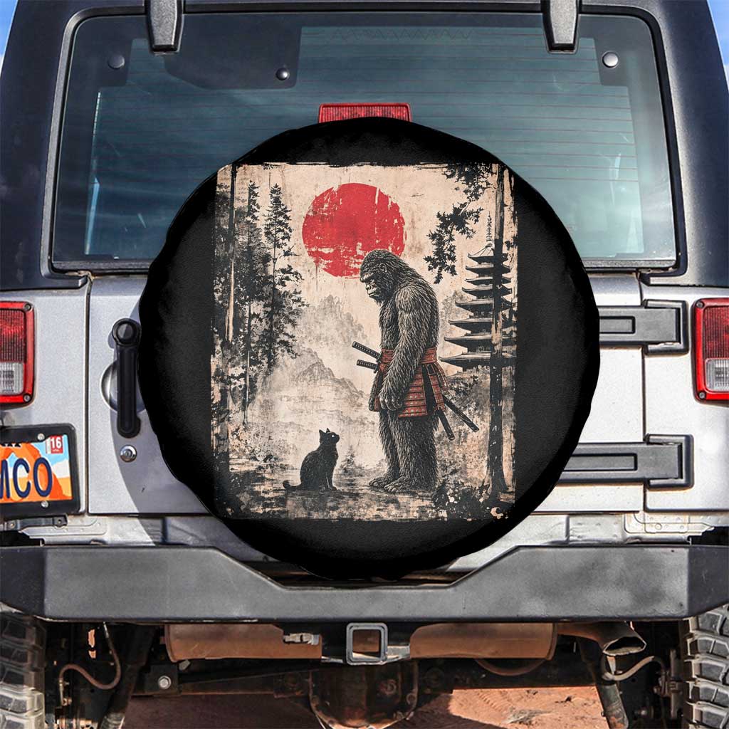 Vintage Japanese Art Bigfoot Samurai Warrior and Black Cat Spare Tire Cover Sasquatch Lovers Vintage Graphic Ukiyo-e Art TS10 No hole Black Print Your Wear