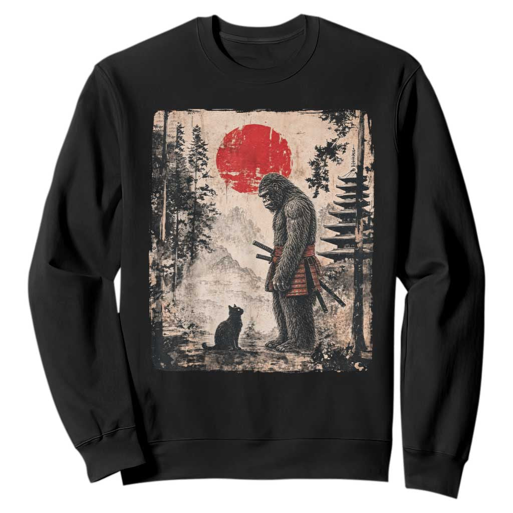 Vintage Japanese Art Bigfoot Samurai Warrior and Black Cat Sweatshirt Sasquatch Lovers Vintage Graphic Ukiyo-e Art TS10 Black Print Your Wear