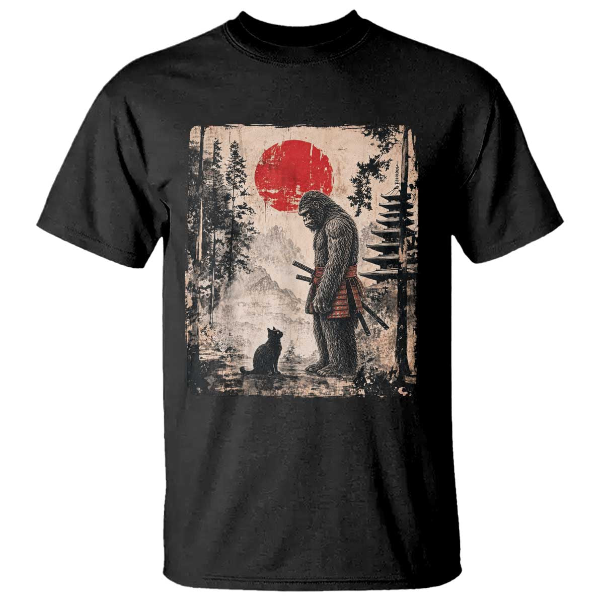 Vintage Japanese Art Bigfoot Samurai Warrior and Black Cat T Shirt Sasquatch Lovers Vintage Graphic Ukiyo-e Art TS10 Black Print Your Wear