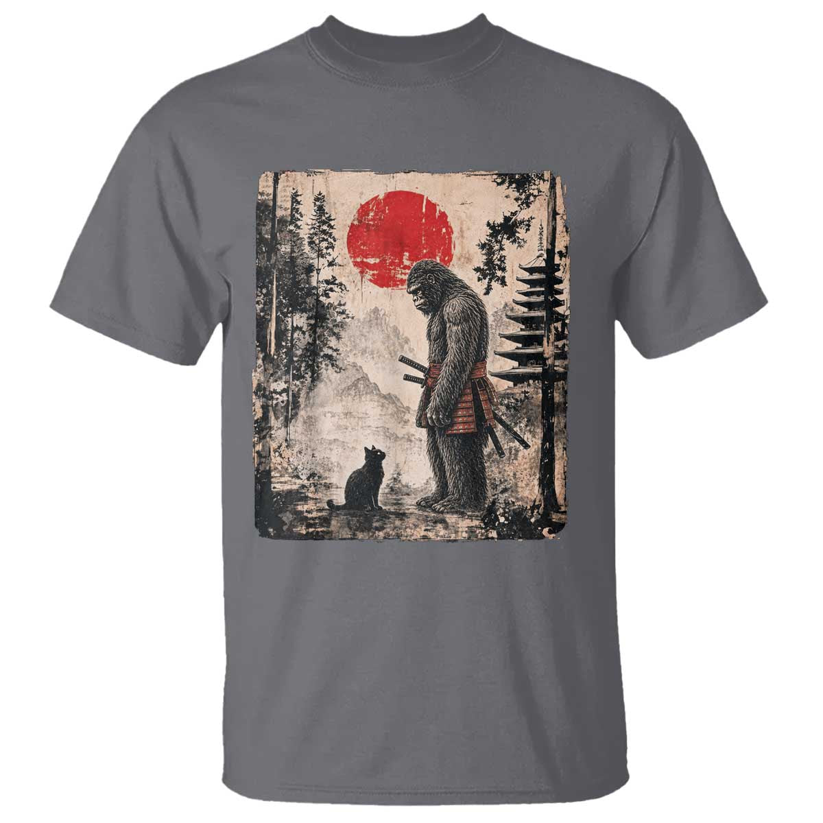Vintage Japanese Art Bigfoot Samurai Warrior and Black Cat T Shirt Sasquatch Lovers Vintage Graphic Ukiyo-e Art TS10 Charcoal Print Your Wear