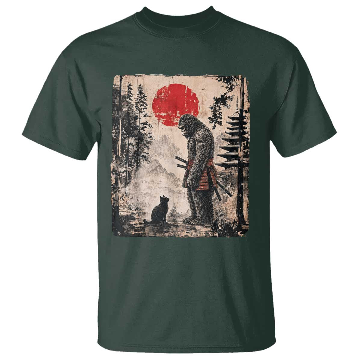 Vintage Japanese Art Bigfoot Samurai Warrior and Black Cat T Shirt Sasquatch Lovers Vintage Graphic Ukiyo-e Art TS10 Dark Forest Green Print Your Wear