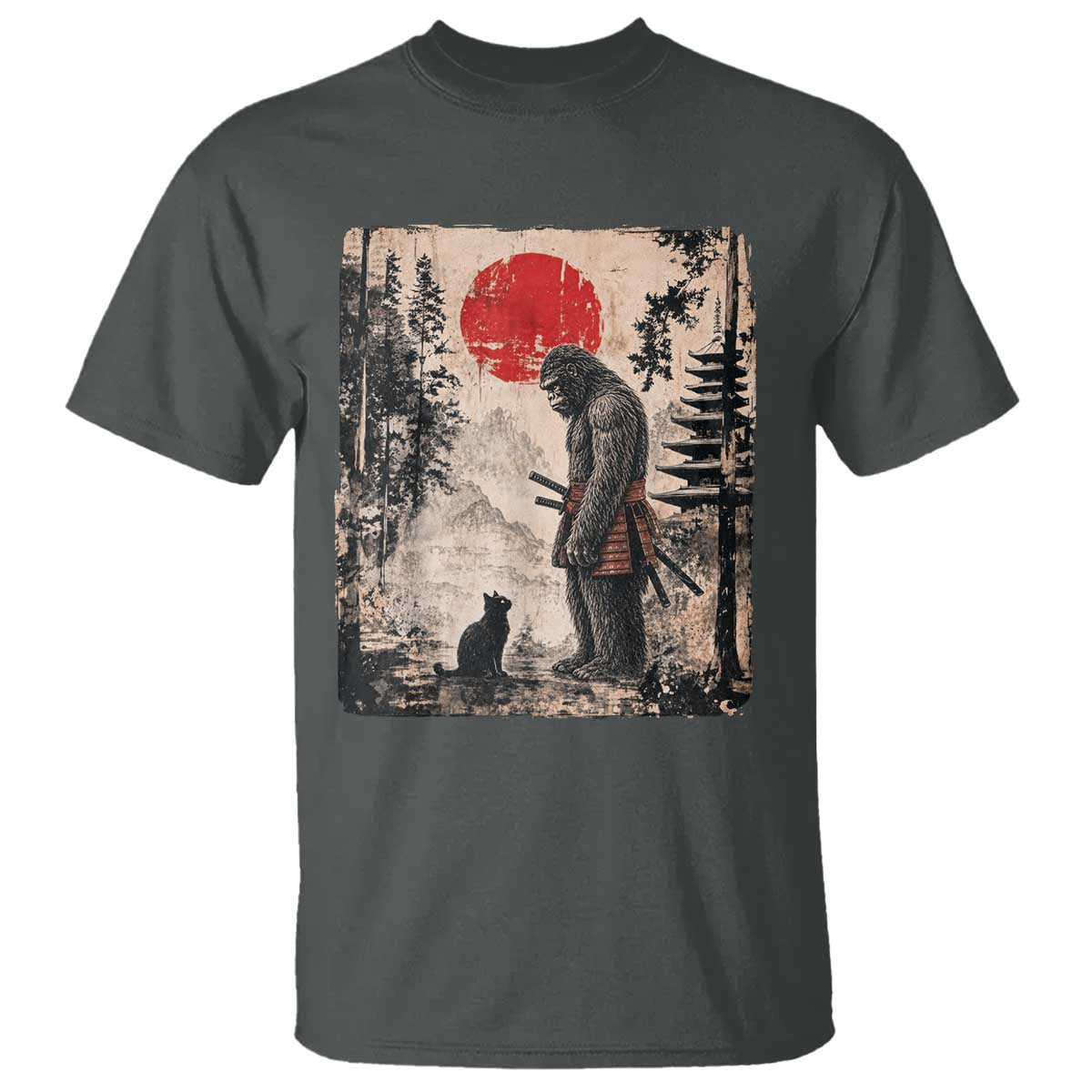 Vintage Japanese Art Bigfoot Samurai Warrior and Black Cat T Shirt Sasquatch Lovers Vintage Graphic Ukiyo-e Art TS10 Dark Heather Print Your Wear