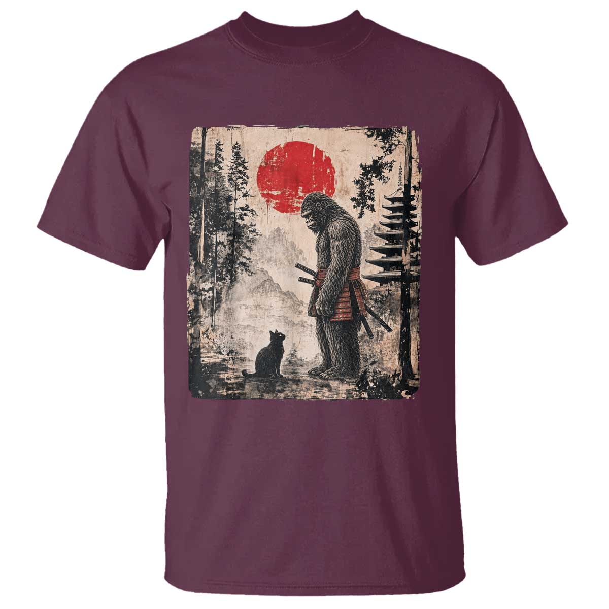 Vintage Japanese Art Bigfoot Samurai Warrior and Black Cat T Shirt Sasquatch Lovers Vintage Graphic Ukiyo-e Art TS10 Maroon Print Your Wear