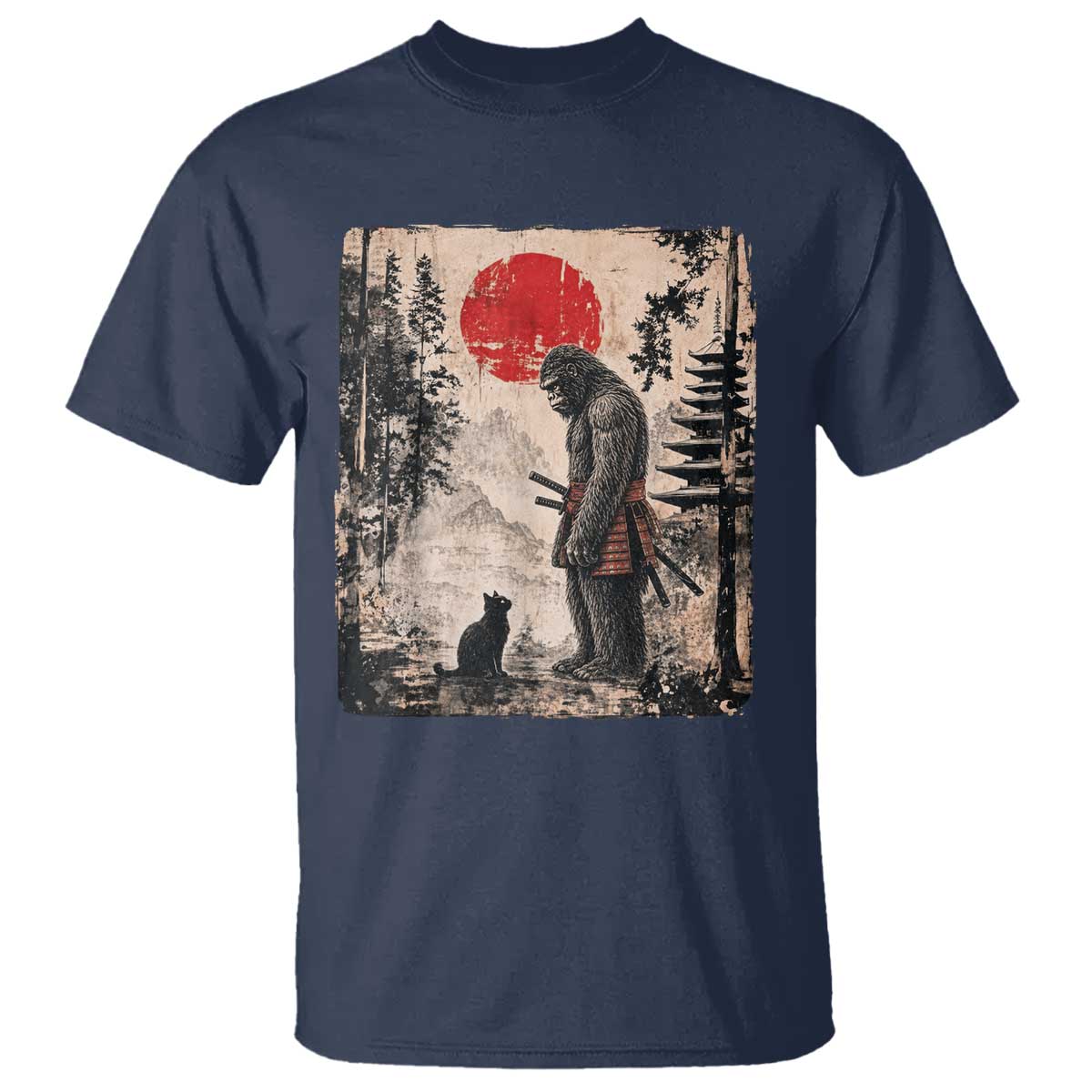 Vintage Japanese Art Bigfoot Samurai Warrior and Black Cat T Shirt Sasquatch Lovers Vintage Graphic Ukiyo-e Art TS10 Navy Print Your Wear