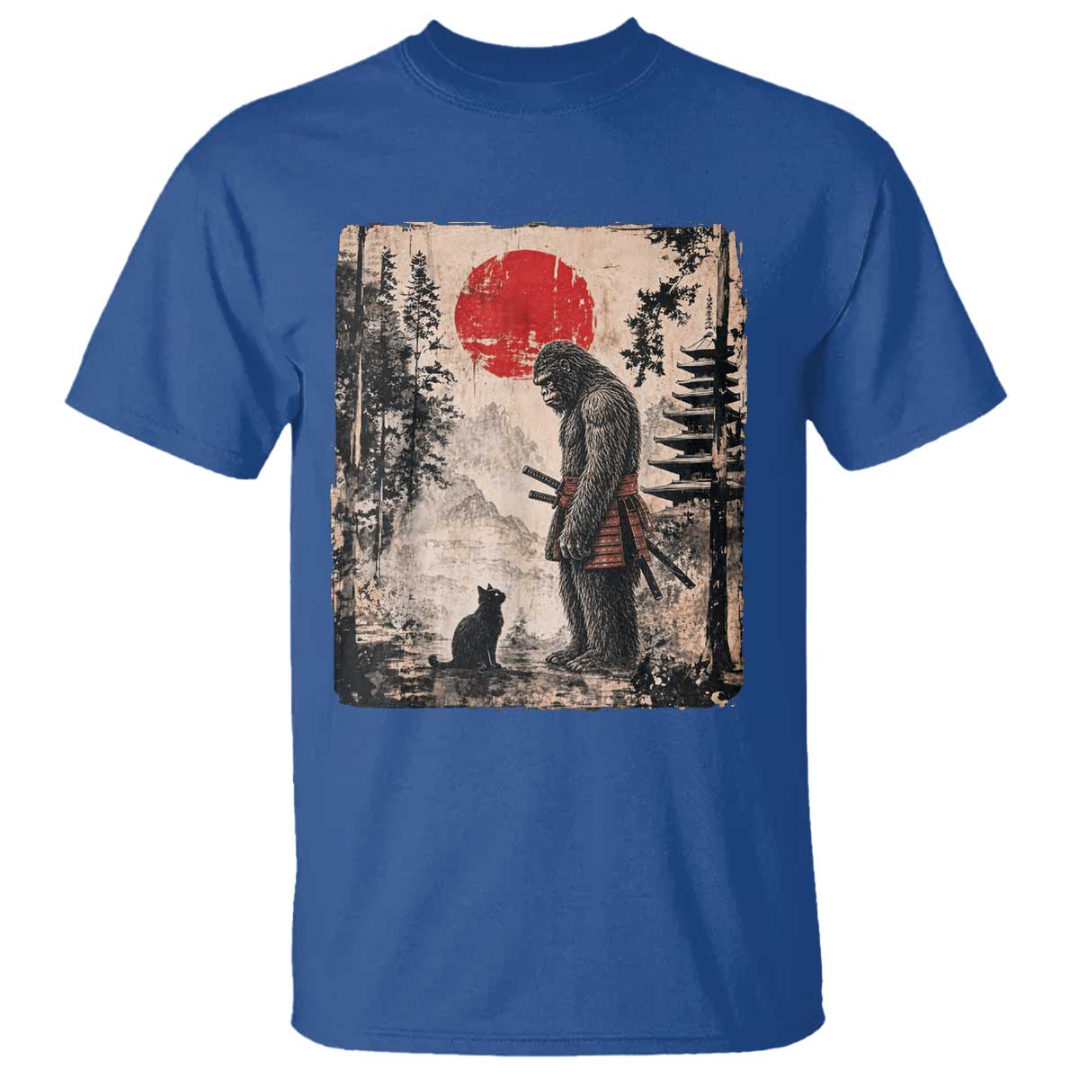 Vintage Japanese Art Bigfoot Samurai Warrior and Black Cat T Shirt Sasquatch Lovers Vintage Graphic Ukiyo-e Art TS10 Royal Blue Print Your Wear