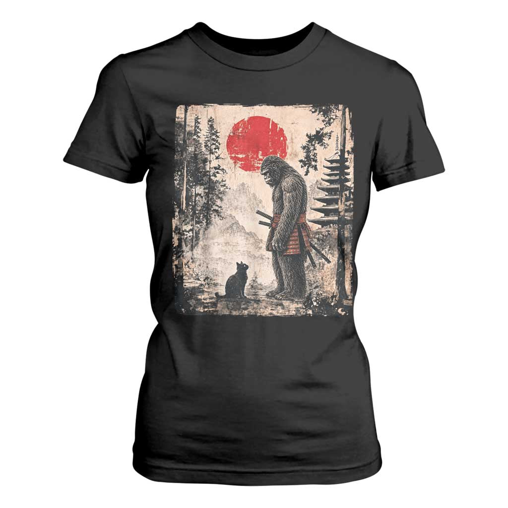 Vintage Japanese Art Bigfoot Samurai Warrior and Black Cat T Shirt For Women Sasquatch Lovers Vintage Graphic Ukiyo-e Art TS10 Black Print Your Wear
