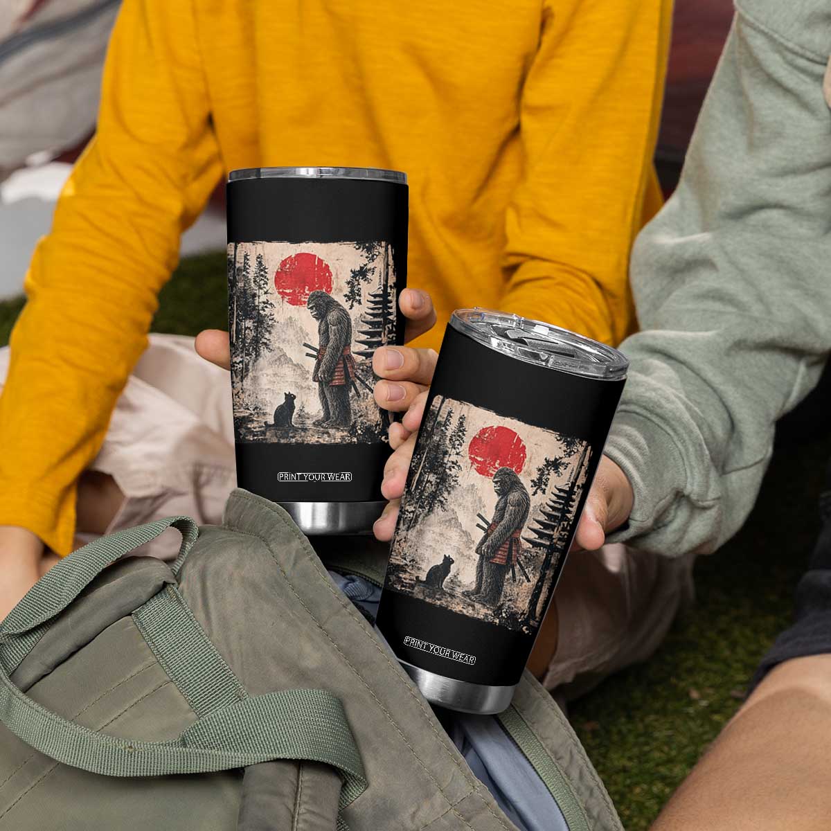 Vintage Japanese Art Bigfoot Samurai Warrior and Black Cat Tumbler Cup Sasquatch Lovers Vintage Graphic Ukiyo-e Art TS10 Print Your Wear