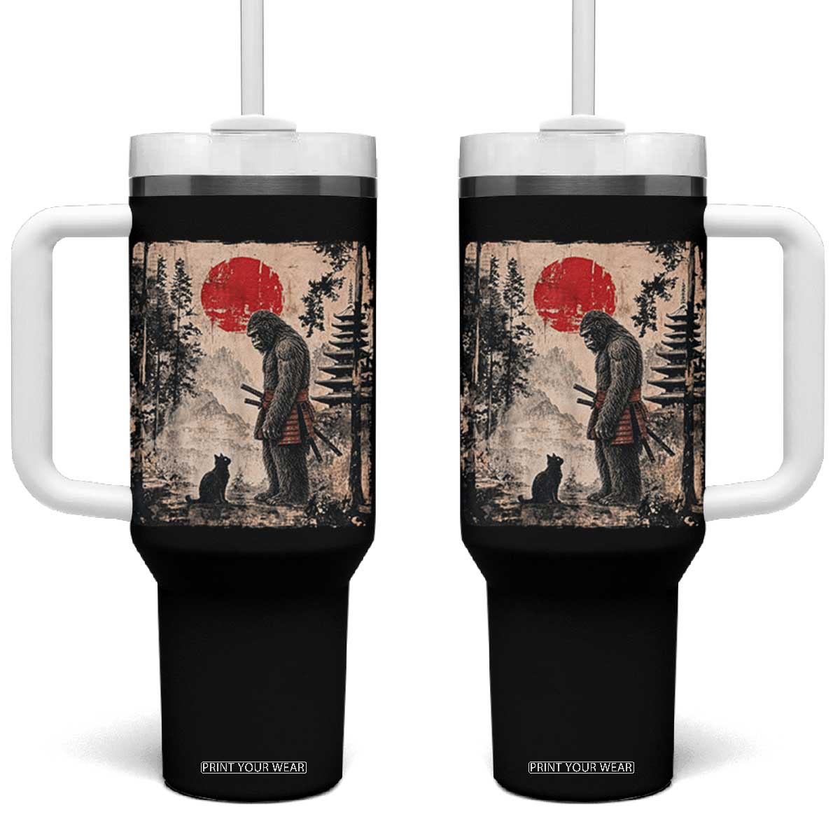 Vintage Japanese Art Bigfoot Samurai Warrior and Black Cat Tumbler With Handle Sasquatch Lovers Vintage Graphic Ukiyo-e Art TS10 One Size: 40 oz Black Print Your Wear
