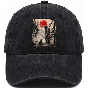 Vintage Japanese Art Bigfoot Samurai Warrior and Black Cat Washed Cotton Baseball Cap Sasquatch Lovers Vintage Graphic Ukiyo-e Art TS10 Print Your Wear
