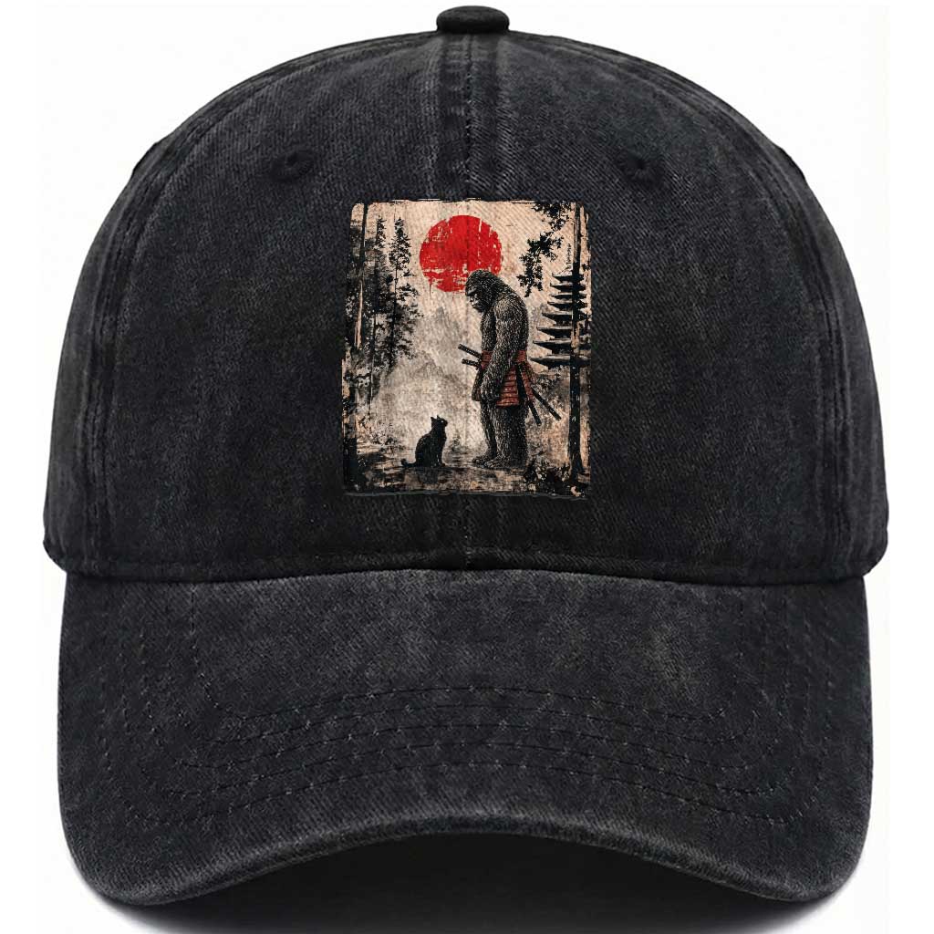 Vintage Japanese Art Bigfoot Samurai Warrior and Black Cat Washed Cotton Baseball Cap Sasquatch Lovers Vintage Graphic Ukiyo-e Art TS10 Print Your Wear