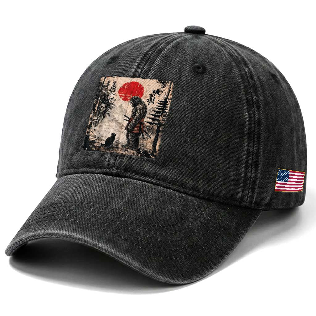 Vintage Japanese Art Bigfoot Samurai Warrior and Black Cat Washed Cotton Baseball Cap Sasquatch Lovers Vintage Graphic Ukiyo-e Art TS10 Print Your Wear