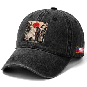 Vintage Japanese Art Bigfoot Samurai Warrior and Black Cat Washed Cotton Baseball Cap Sasquatch Lovers Vintage Graphic Ukiyo-e Art TS10 Print Your Wear