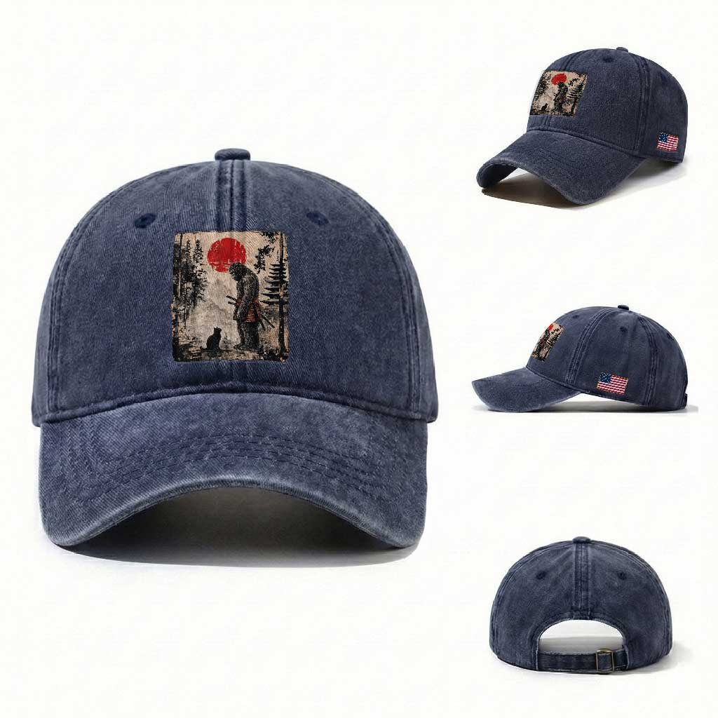 Vintage Japanese Art Bigfoot Samurai Warrior and Black Cat Washed Cotton Baseball Cap Sasquatch Lovers Vintage Graphic Ukiyo-e Art TS10 Washed Cap Universal Fit Navy Print Your Wear
