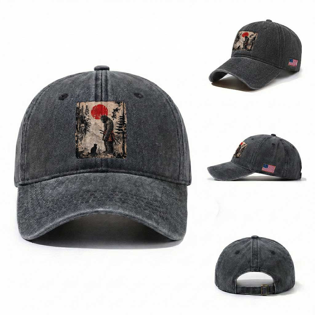 Vintage Japanese Art Bigfoot Samurai Warrior and Black Cat Washed Cotton Baseball Cap Sasquatch Lovers Vintage Graphic Ukiyo-e Art TS10 Washed Cap Universal Fit Dark Gray Print Your Wear
